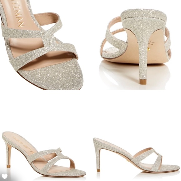 Stuart Weitzman Soiree Sleek 75 Slide Sandals Stiletto Heel Silver Leather Pumps - Picture 2 of 11